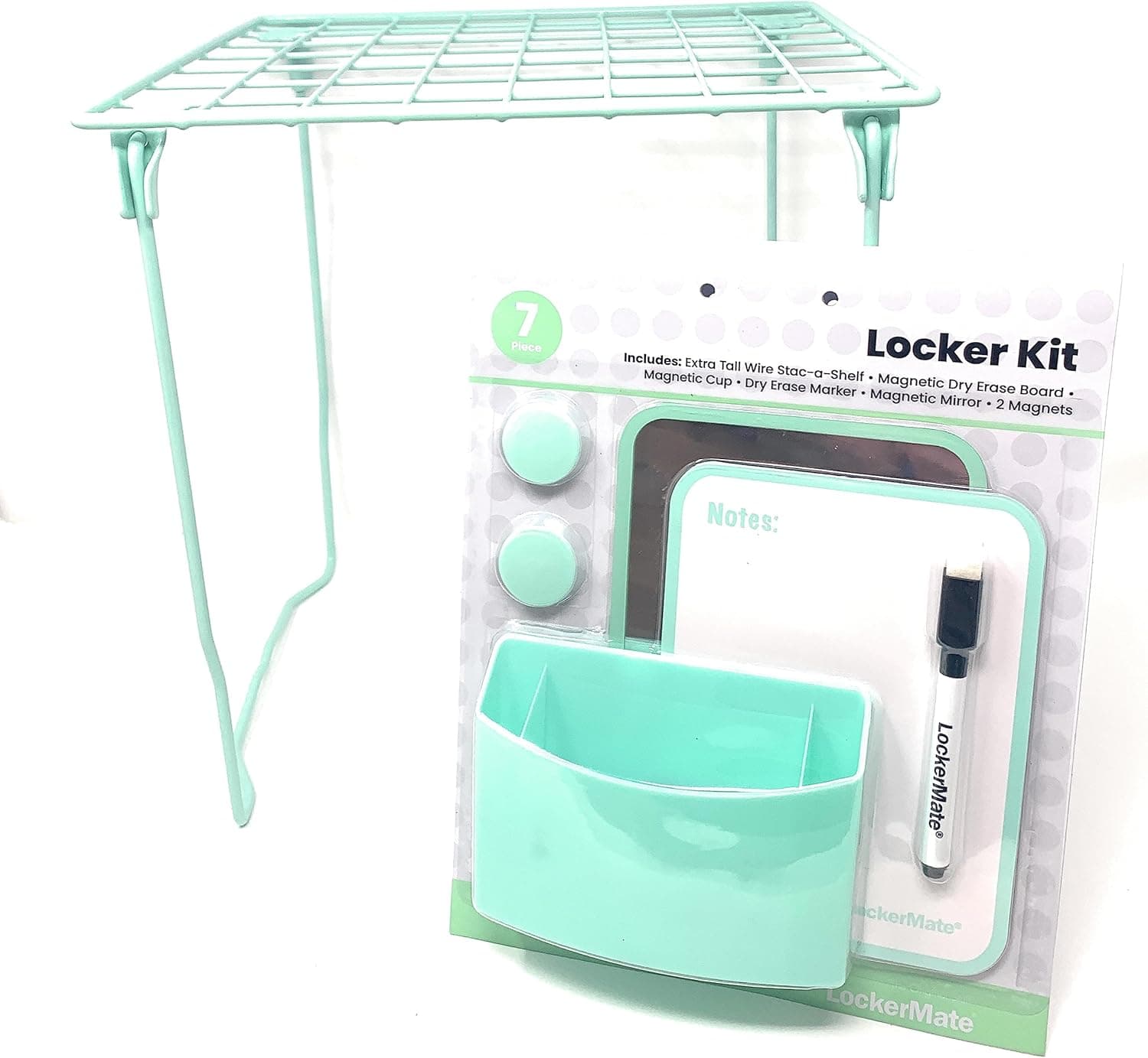 LockerMate Kit com 7 peças de armário de arame alto com ímãs, espelho, quadro apagável a seco, copo de armazenamento, material escolar apagável a seco (verde escuro)
