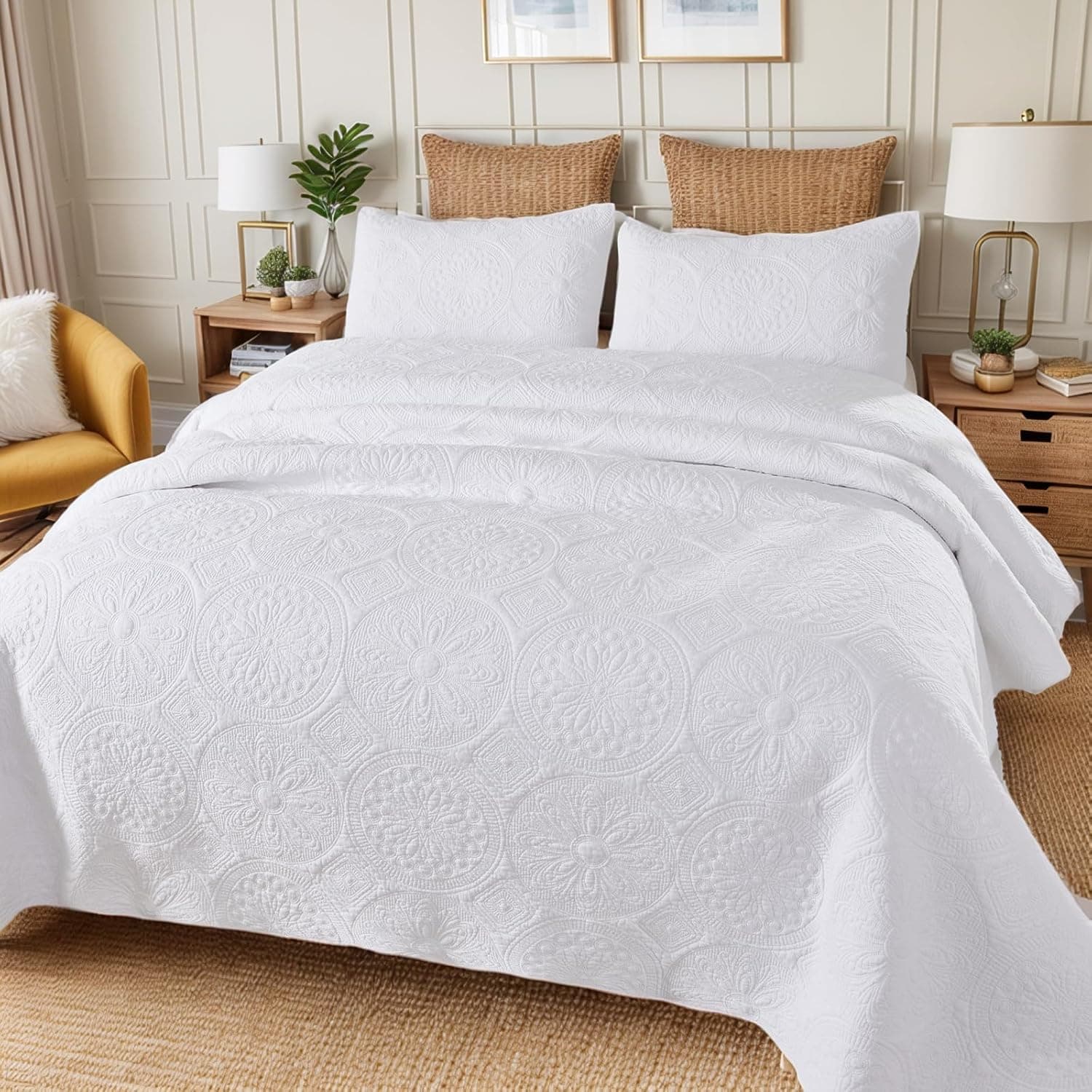 Brandream Conjunto de colcha branca de luxo, tamanho Queen, 100% algodão, boêmio, medalhão, matelassa, conjunto de 3 peças - Imagem 3