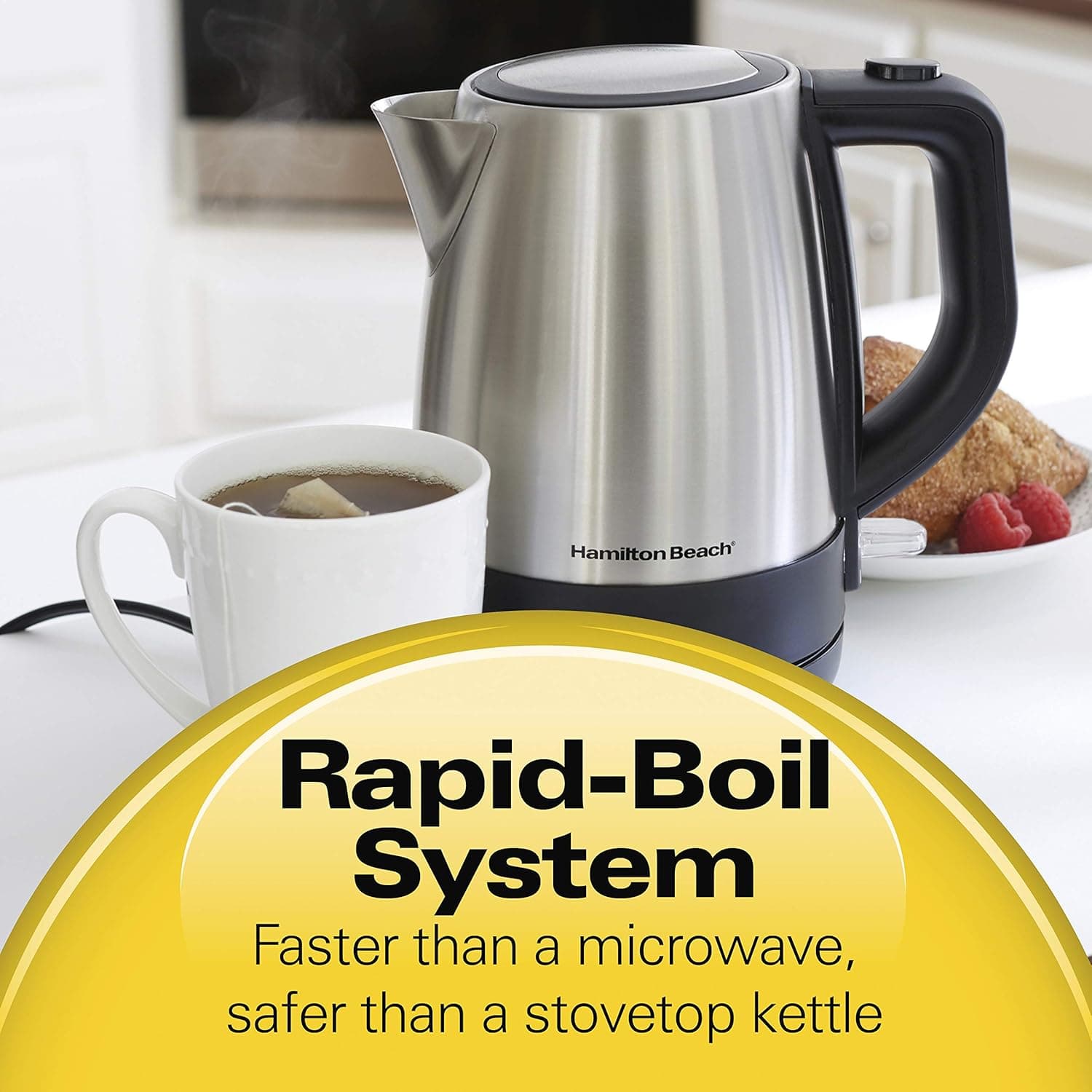 Hamilton Beach Chaleira de chá elétrica, caldeira de água e aquecedor, 1 L, sem corda, proteção de desligamento automático e secagem a ferver, aço inoxidável (40998) - Imagem 3