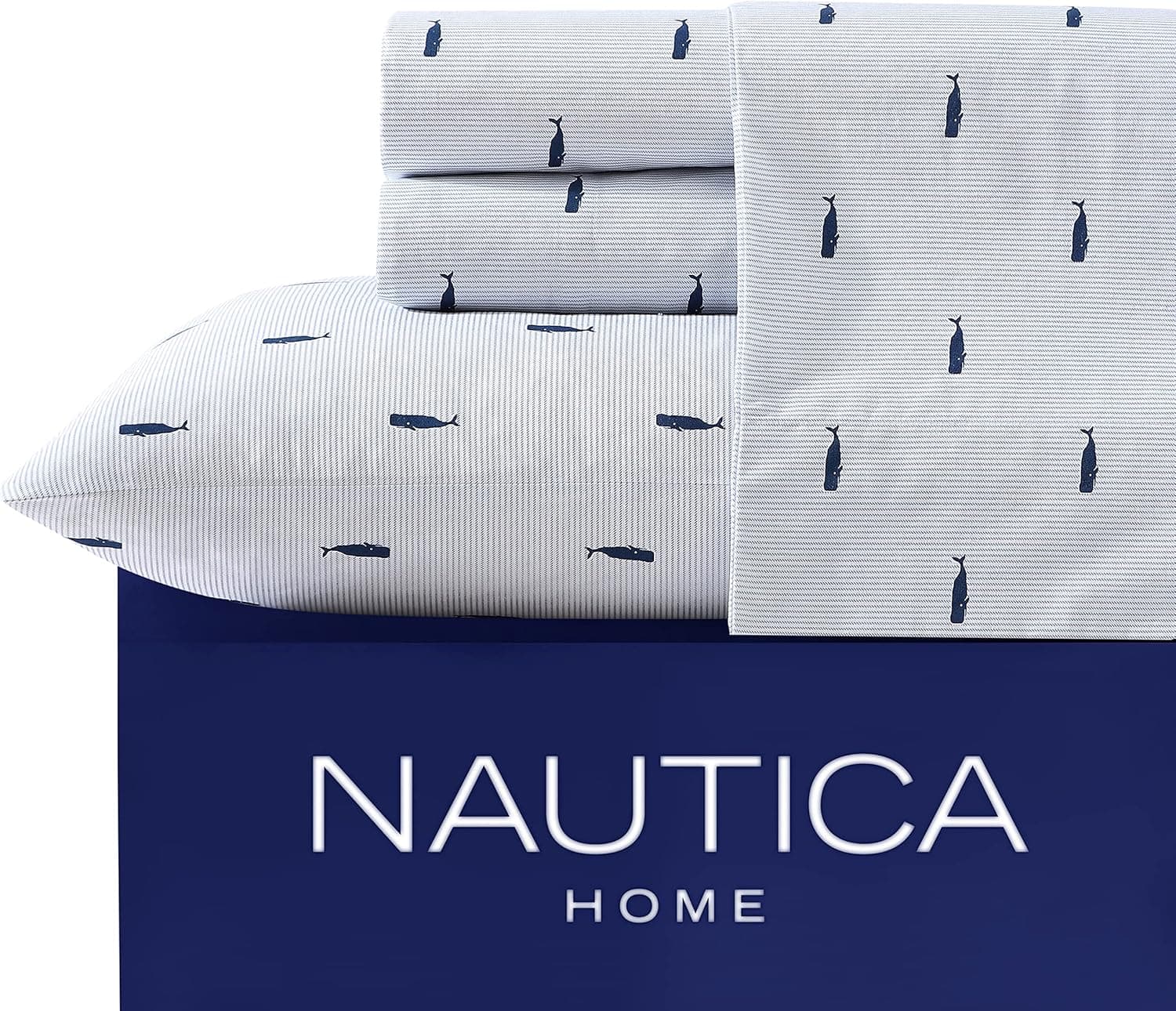 Nautica - Jogo de cama casal, roupa de cama percal de algodão, fresco e fresco, conjunto de cama costeiro (azul listrado baleia, casal)