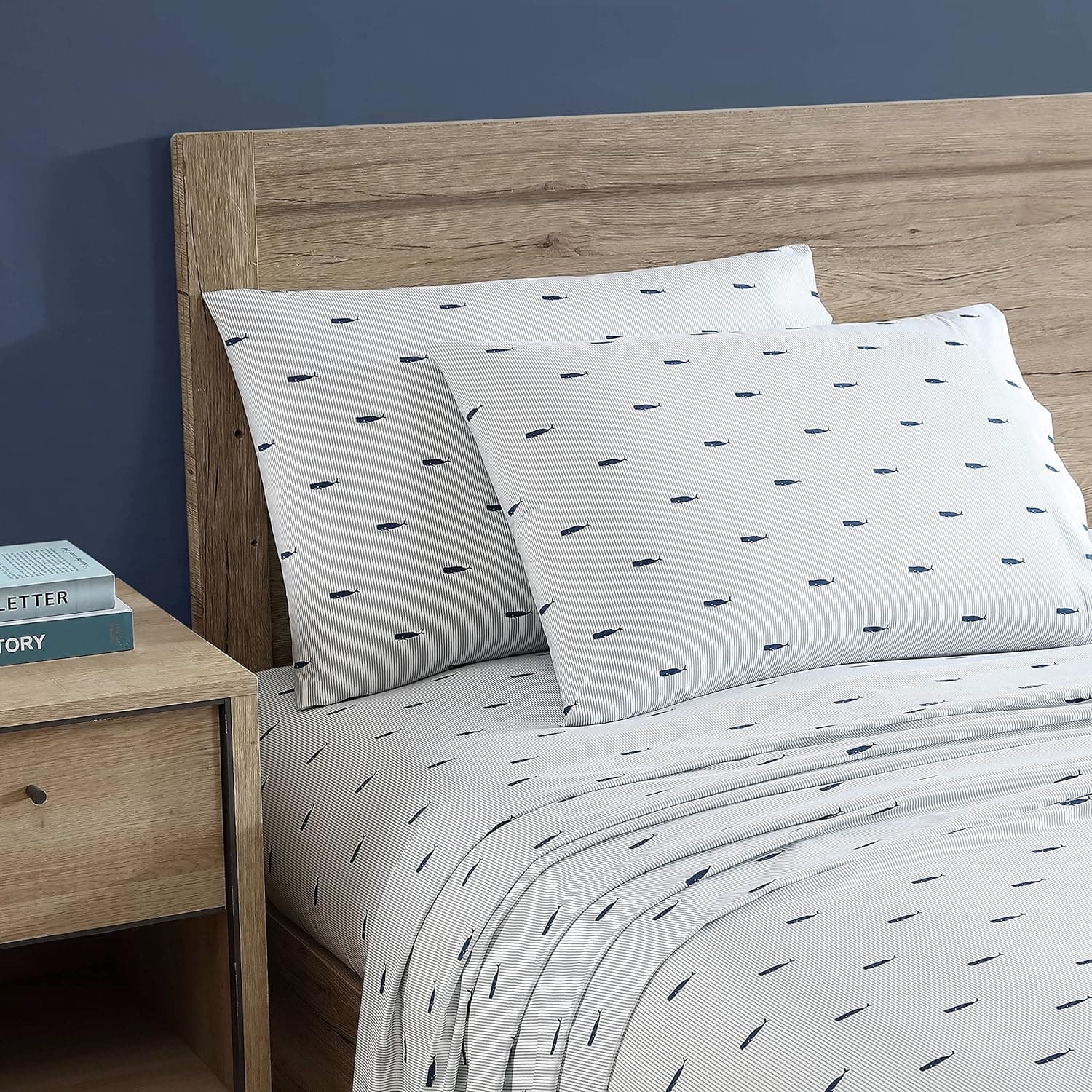 Nautica - Jogo de cama casal, roupa de cama percal de algodão, fresco e fresco, conjunto de cama costeiro (azul listrado baleia, casal) - Imagem 3